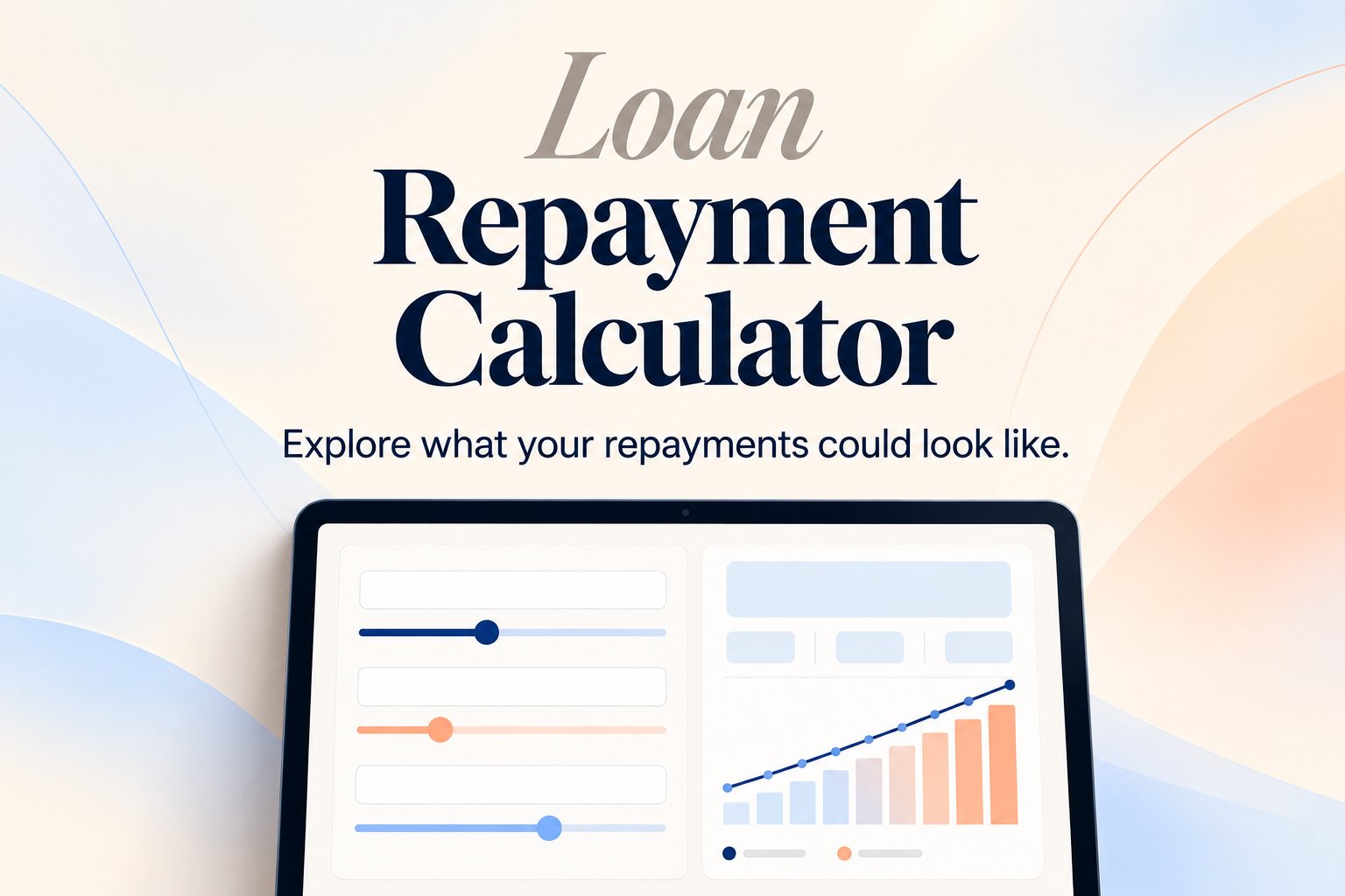 Loan repayment calculator shown on a tablet, with sliders and a repayment chart