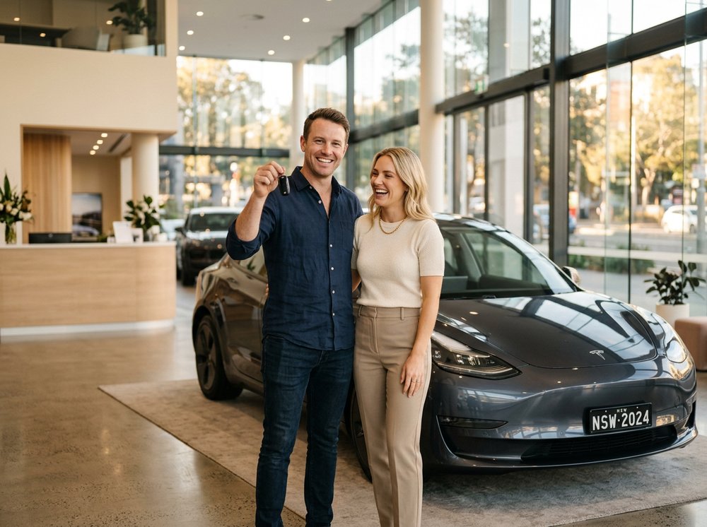 Happy Australian couple collecting the keys to their new car