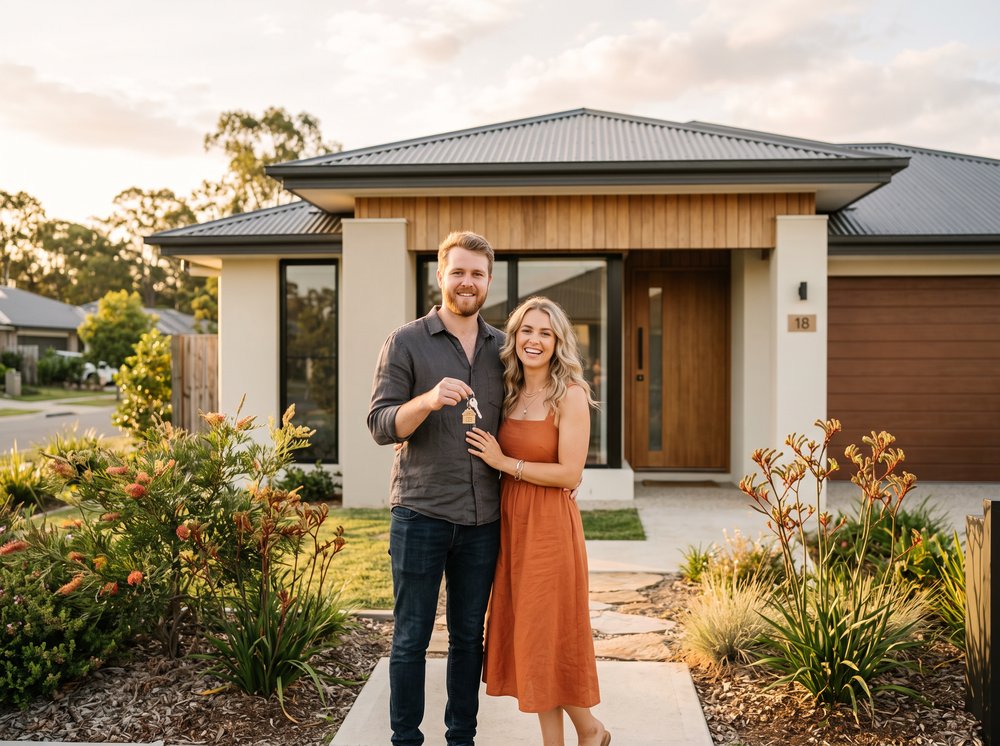 Happy young Australian couple with keys outside their first home